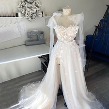 Boho A-Line Wedding Dress Spaghetti Strap High Split Lace 3D Flower Bridal Gowns