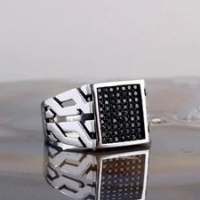 925 Sterling Silver Micro Black Zircon Stone Handmade Turkish Men's Ring Jewelry
