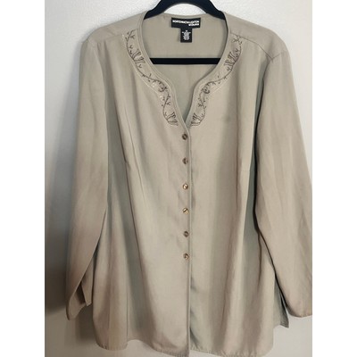 Norton McNaughton Blouse Green 1X stitching around neck Olive Green Polyester