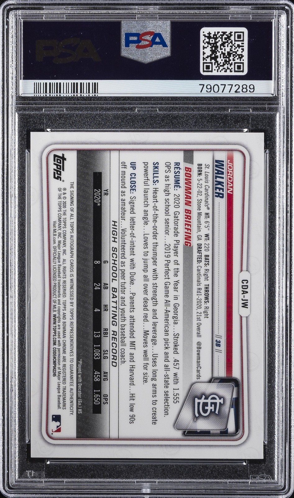 2020 BOWMAN DRAFT CHROME DRAFT PICKS AUTOS #CDAJW JORDAN WALKER PSA 10 AUTO view 2