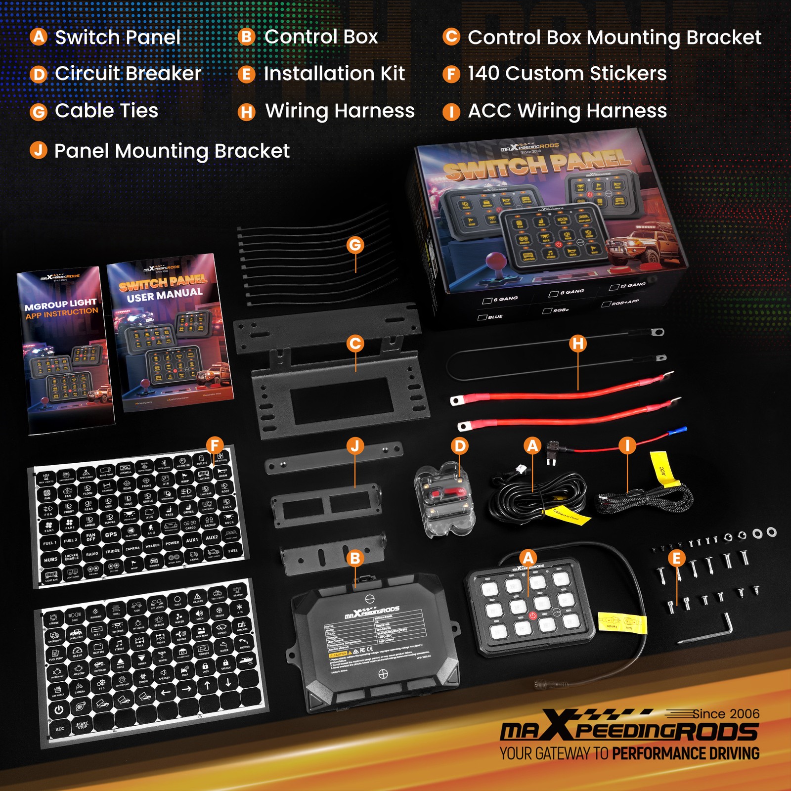 Switch Panel 12 Gang RGB APP Control For 4WD Truck UTV ATV Marine 80A Waterproof