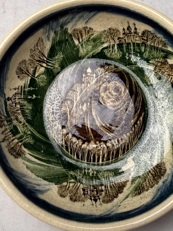 复古陶器手绘碗石器签名 C. 门厅树寺庙城堡 — 第 2/4 张图片