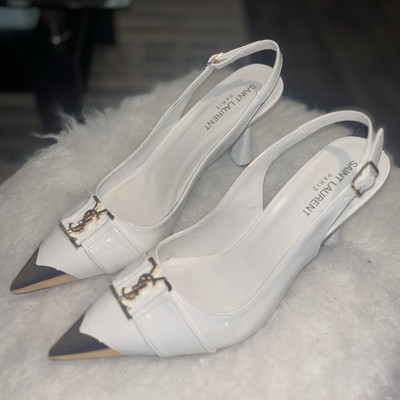 Saint Laurent Women s White Solid Pointed Toe Slingback Stiletto Buckle 9