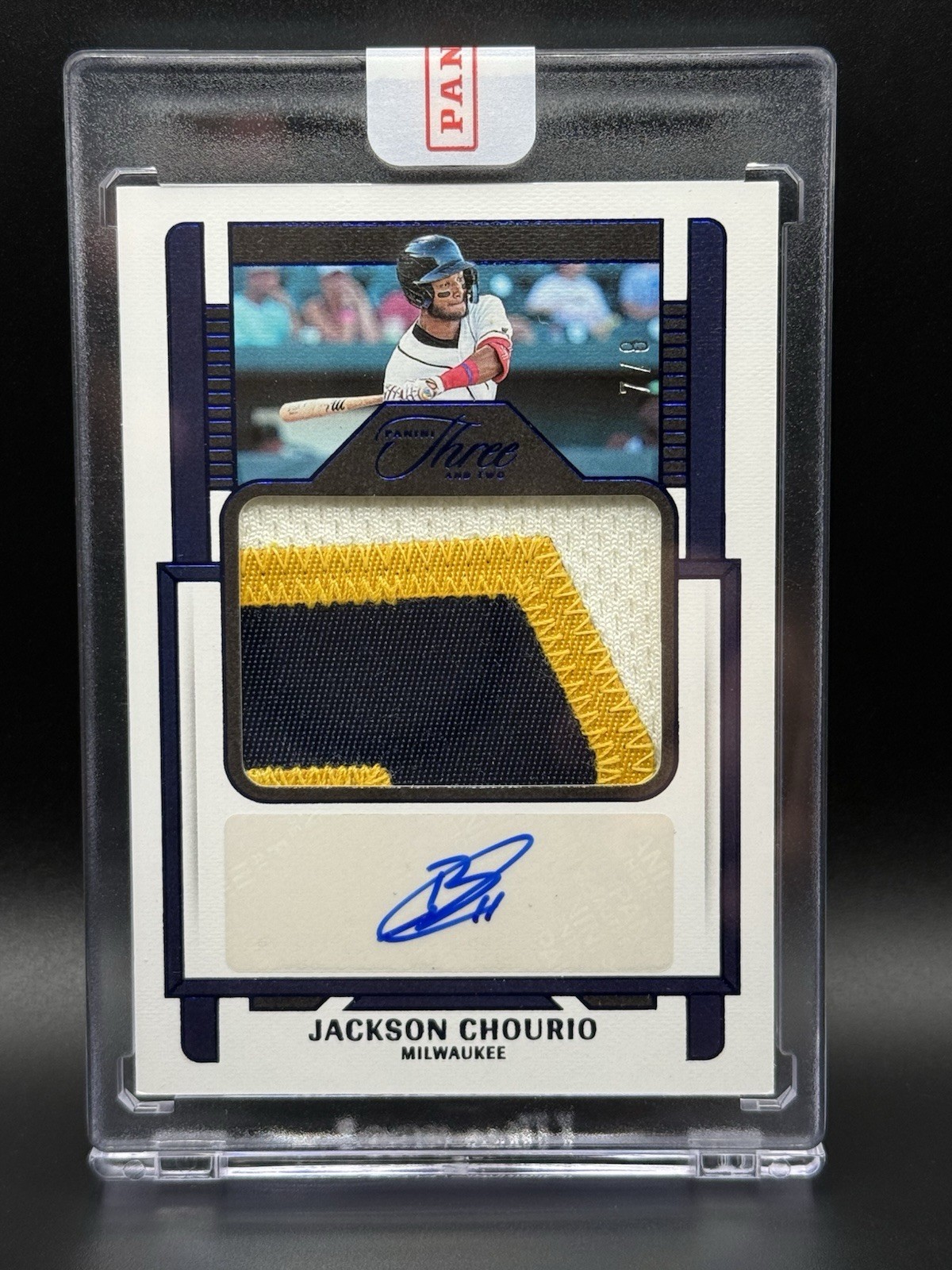 2023 Panini Three & Two Jackson Chourio Auto Jersey 7/8 Sealed Redemption (#34)