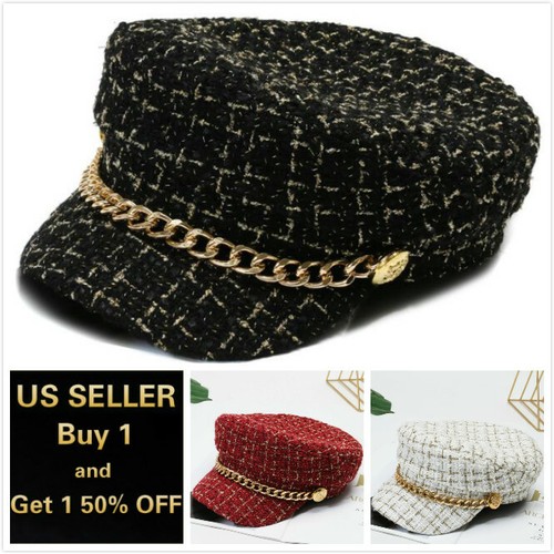 Tweed kariert Cabbie Hut Kette flach Militär Kappe Baskenmütze Gatsby Schirmmütze - Bild 1 von 12