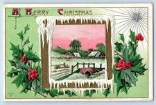 Spring Valley MN Postcard Christmas Winter Scene Holly Berries Embossed c1910's
