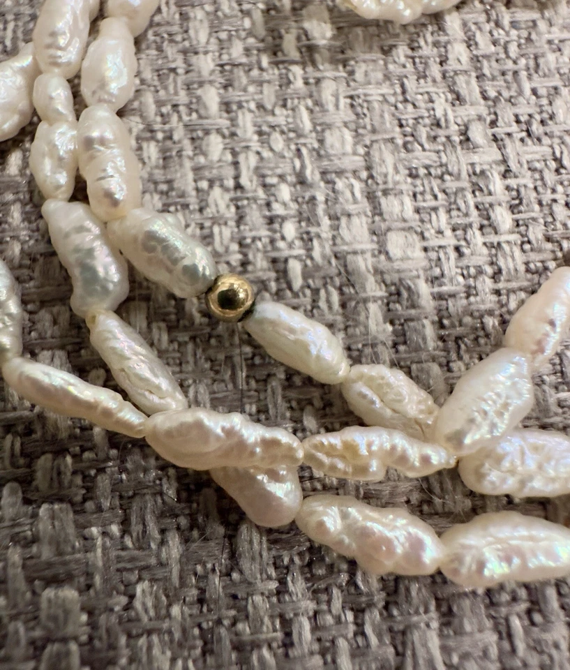 Vintage 14K Yellow Gold Clasp & Beads 3 Strand Freshwater Rice Pearl Necklace - Изображение 2 из 4