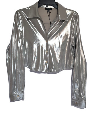 Women's Cropped Blazer Jacket Sz S Metal Shiny Silver Style Button Front Stretch