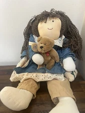 Collectable Cloth Rag Doll With Bear And Purse Brown Hair Denim Dress Tan Pants