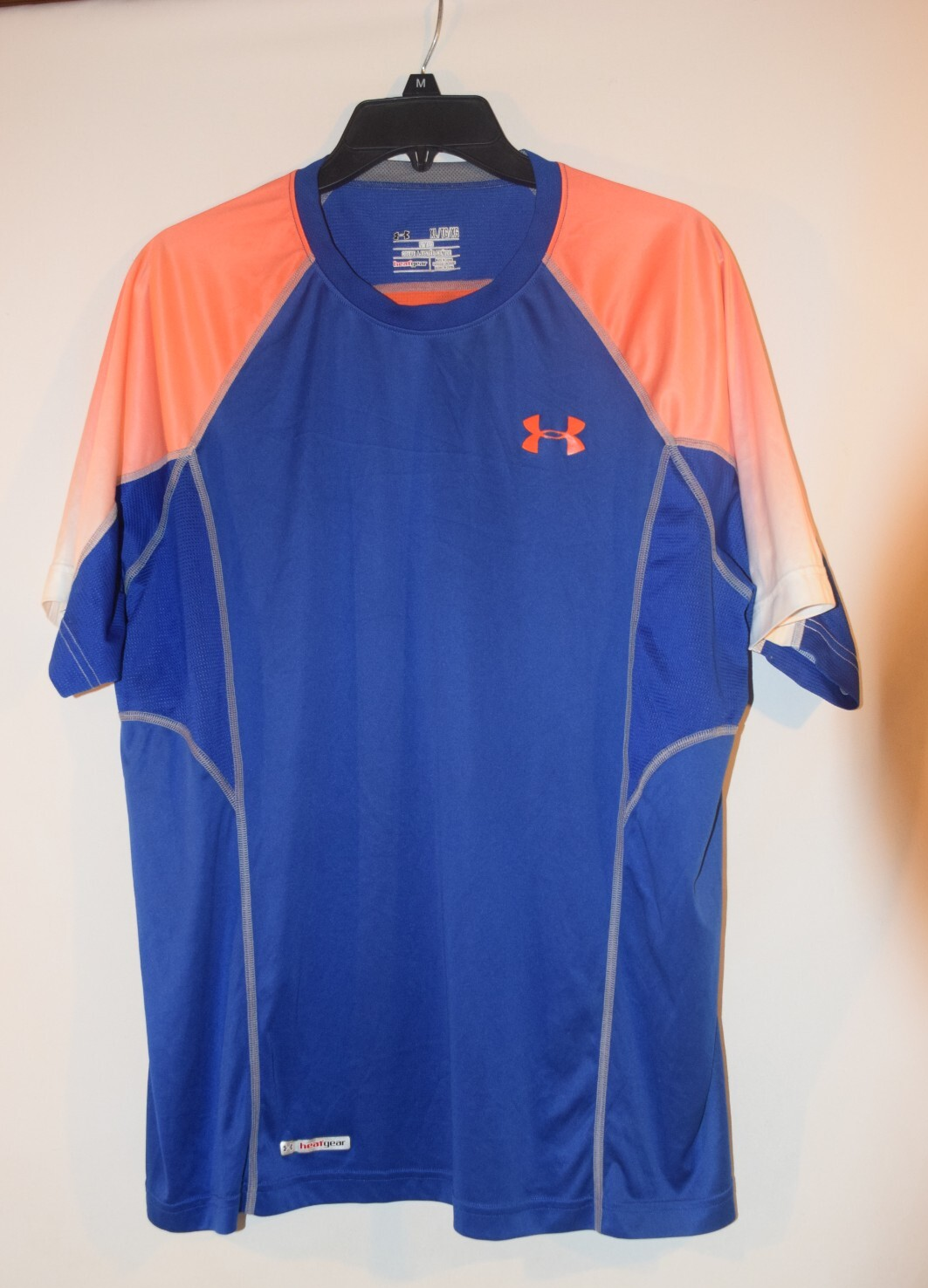 Under Armour Heat Gear Compression Shirt Blue Orange XL Active Workout Top
