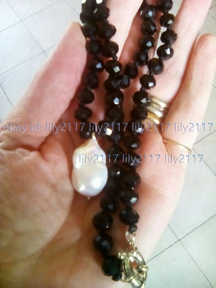 多面 4x6 毫米黑色玛瑙宝石 15x25 毫米白色巴洛克珍珠吊坠项链 18 英寸 — 第 3/3 张图片