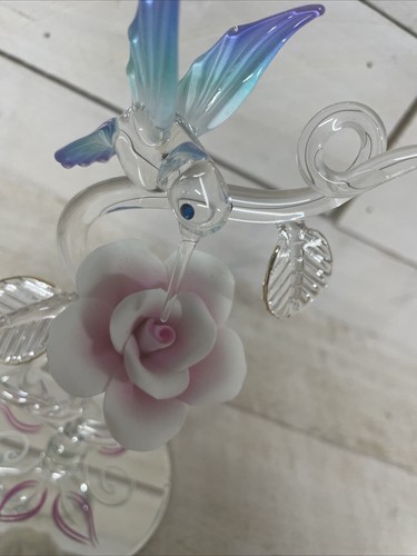 Baron Hummingbird and Pink Rose on Vine Handcrafted Glass Fast Ship - Picture 4 of 12