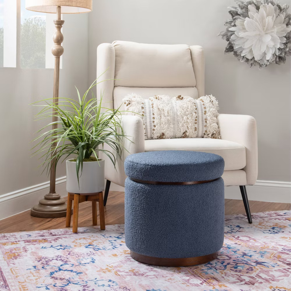 18 Blanche Transitional Round Wood and Boucle Upholstered Storage Ottoman 14090₽