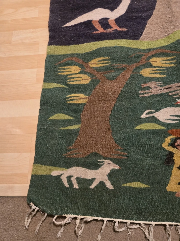 Vintage Hand Woven Egyptian Pictorial Wall Hanging Wool Tapestry Kilim Rug  - Image 4 of 4