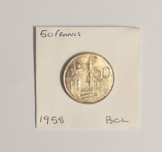 Belgium 1958 Silver 50 Franc Coin