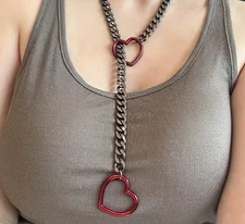 Heart O-Ring Slip Chain Necklace for Women Cuban Punk Gothic Stainless Steel