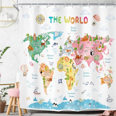  Kids World Map Shower Curtain for Bathroom Decor 72Wx72H Funny Educational 