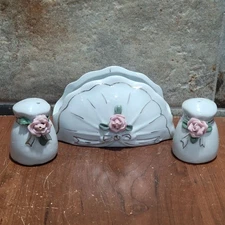 Vintage Ceramic Salt And Pepper Shaker Napkin Holder White Pink Rose