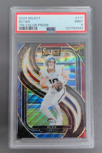 2024 Panini Select Bo Nix Premier Level Tri-Color Wave Prizm RC /249 PSA 9