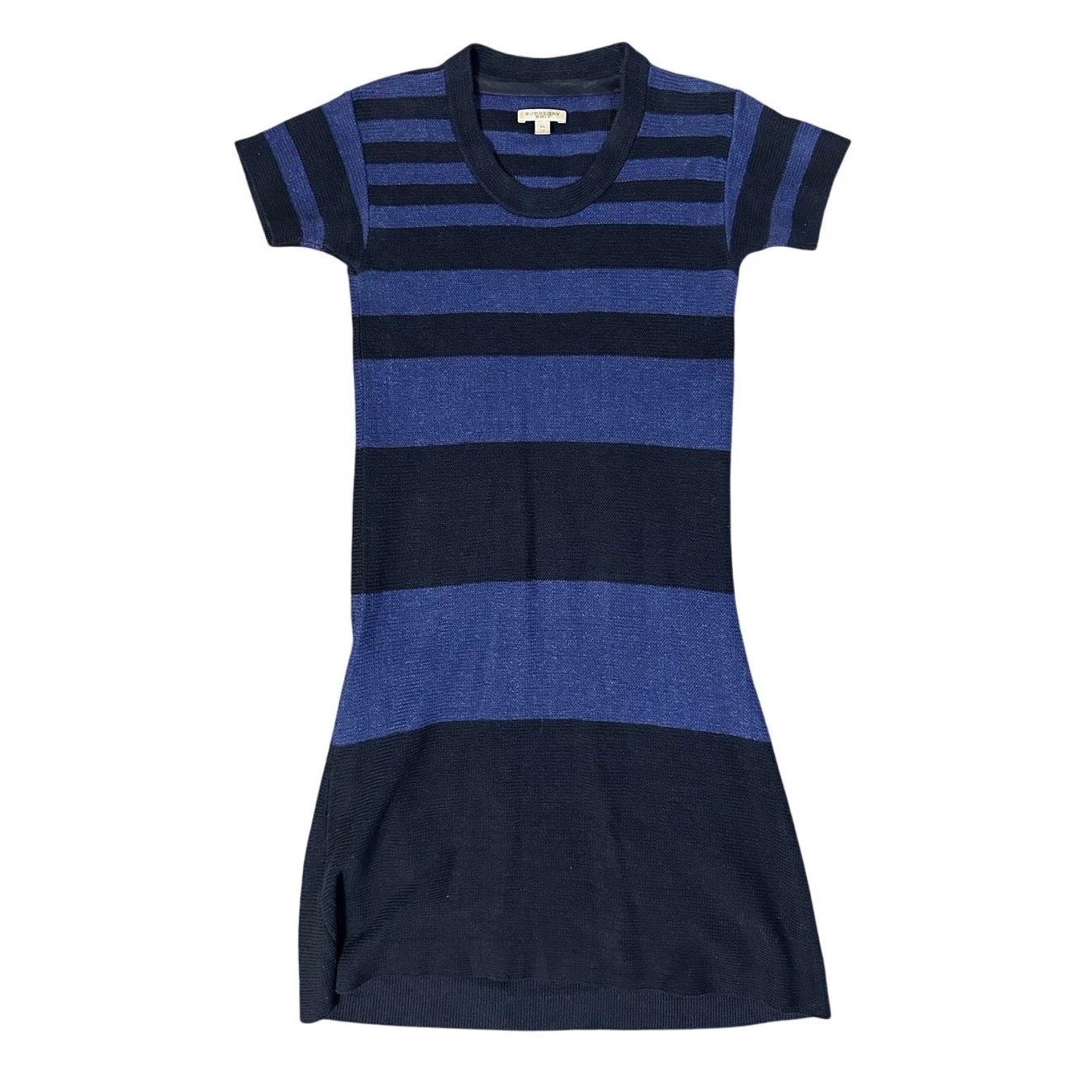 Mini abito Burberry nero e blu a righe misto cotone lino manica corta taglia XS