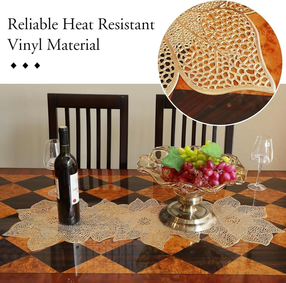 Christmas Table Runner Red Shiny Vinyl Poinsettia Pattern 35"x13.5" - Image 3 of 4