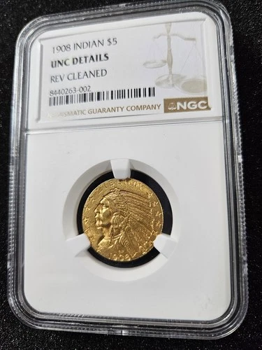 🌟 1908 $5 Gold Coin NGC UNC DETAILS REVERSE CLEANED Half-Eagle Indian Gold Coin