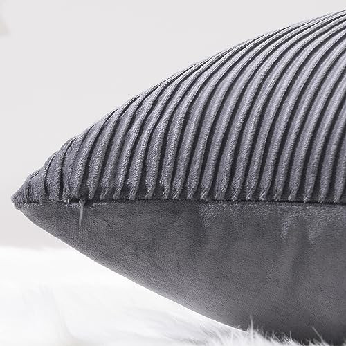Gray Pillow Covers 16x16 Set of 2 Velvet Striped Pattern - Soft Throw Pillows - Picture 2 of 6