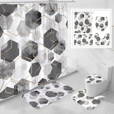 4 Pcs Modern Geometric Shower Curtain Set with Non-Slip Rugs, Toilet Lid Grey