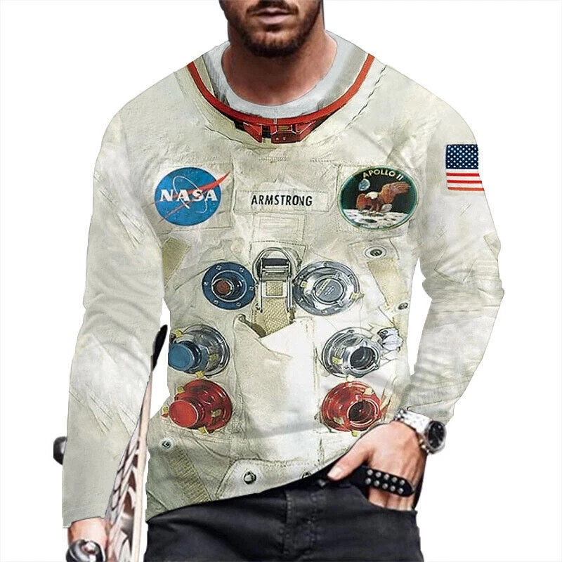 T Shirt NASA Space Armstrong Off White Long Sleeve US Flag Graphic Men's T-Shirt