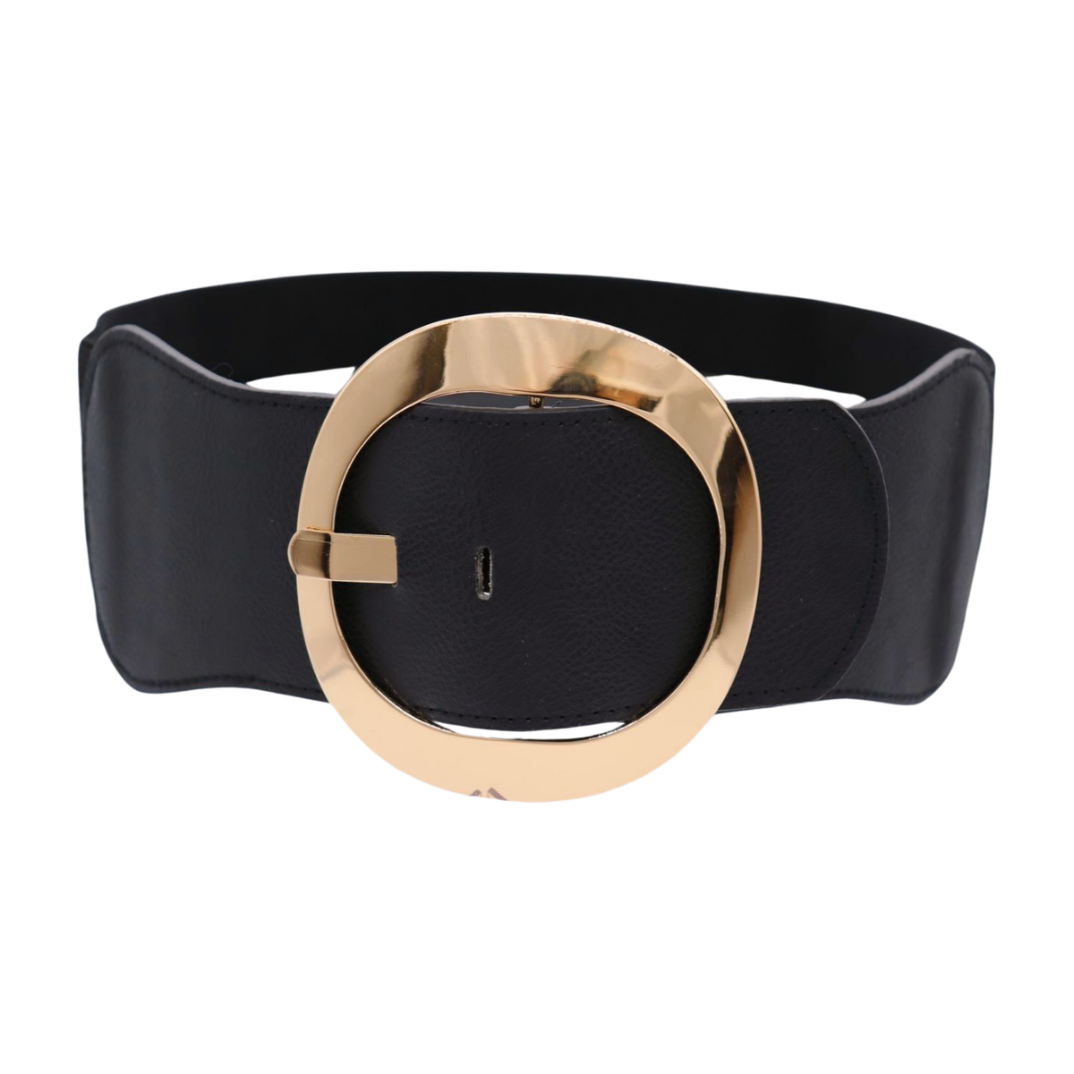 Women Black Wide Faux Leather Elastic Belt Hip Waist Gold 