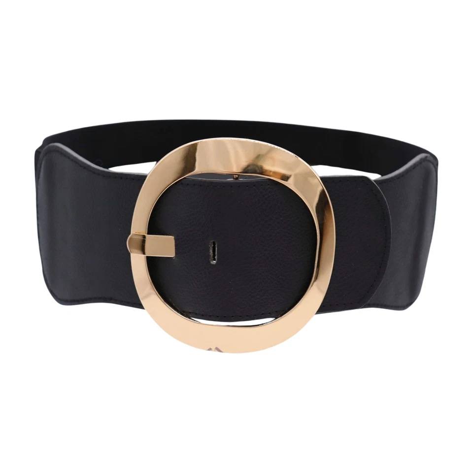 Mujeres Negro Ancho Imitación Cuero Elástico Cómodo Cinturón Hebilla Metal Dorado Talla S Foto 4 de 4