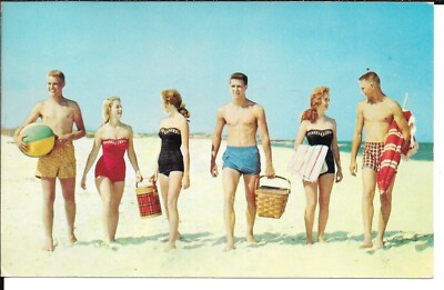 1962 Postmark, Photo Postcard, From Ohio, 3 Couples On The Beach in Swimsuits