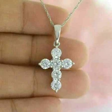 3Ct Round Cut Lab Created Diamond Cross Necklace Pendant 14K White Gold Plated