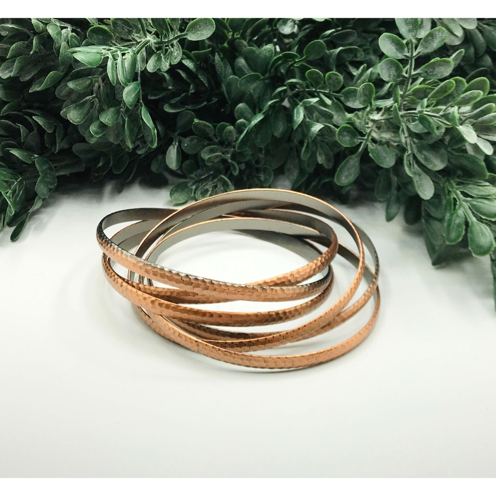 Bangle bracelets copper tone interlocking hammere… - image 2