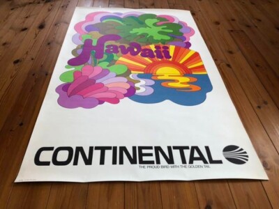 70's Original Continental Airlines Hawaii Peter Max Volcano Poster