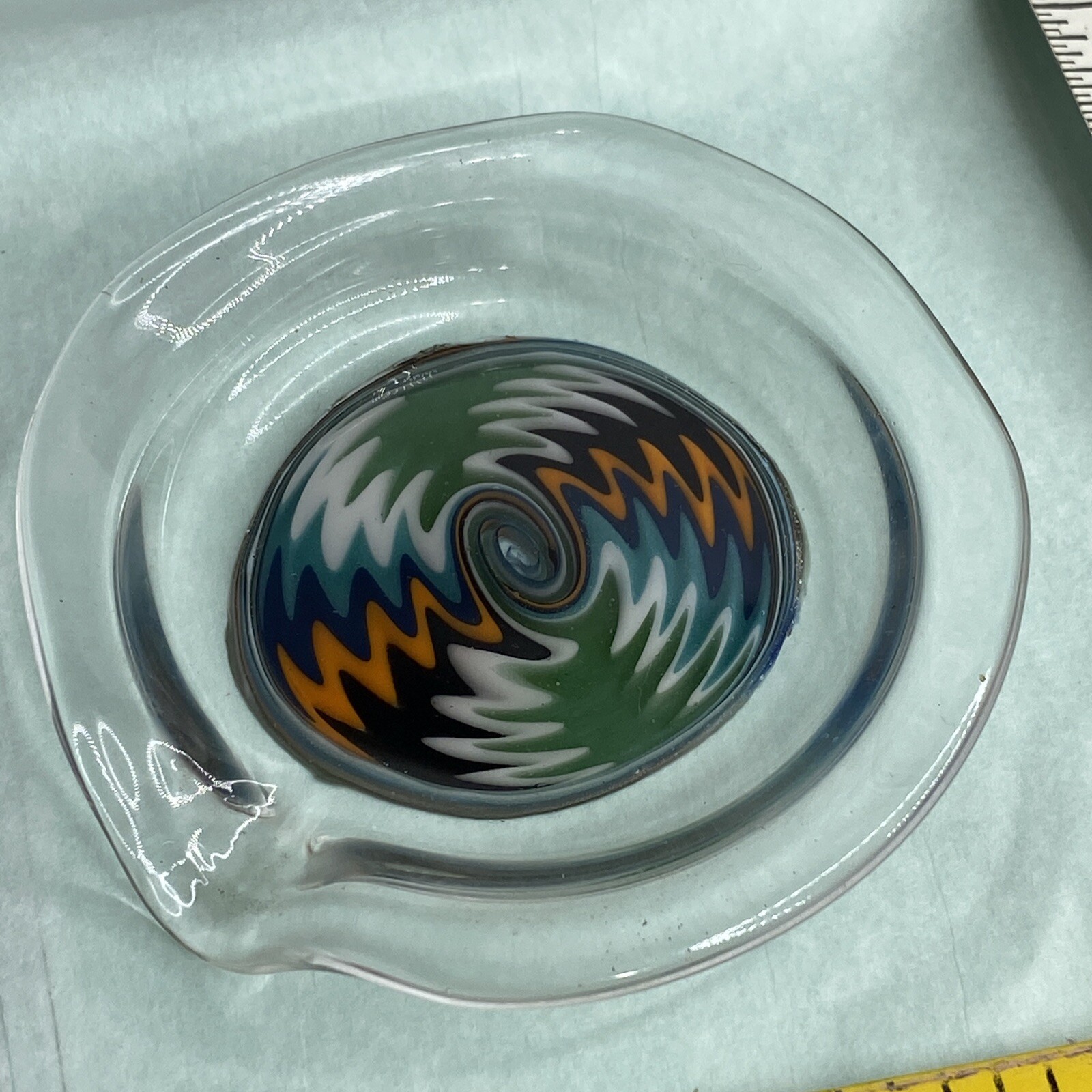 Glass Oil Honey Bee Essential Oil Dish with Spout Art Glass 2.5in Signed “bort”