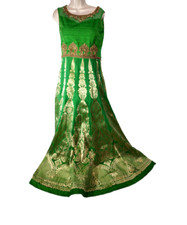 Indian Pakistani Ethnic Dress Green and Gold Long Formal Large ALTERED Sleeveles