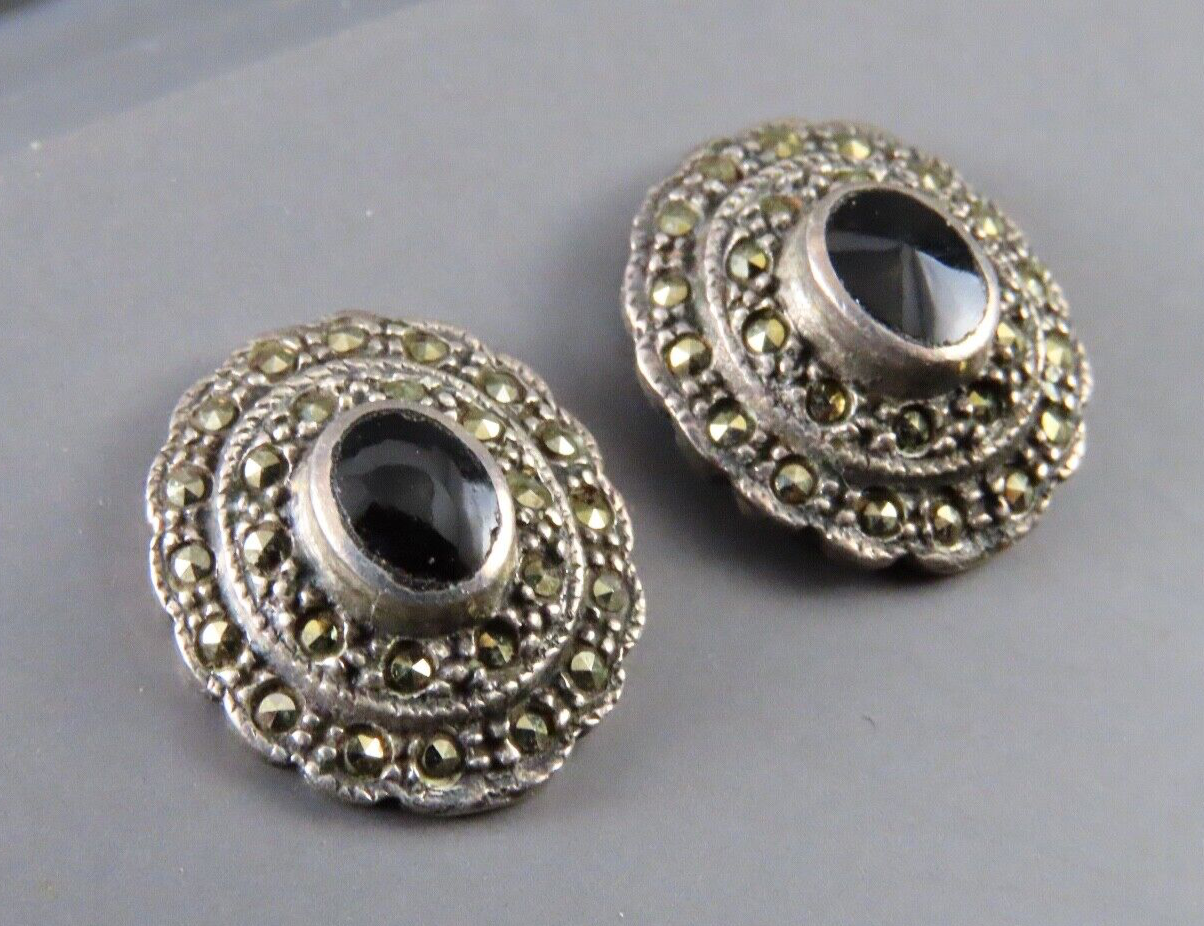STERLING SILVER Oval Stud Earrings BLACK ONYX w/MARCASITE DOUBLE HALO Gothic!