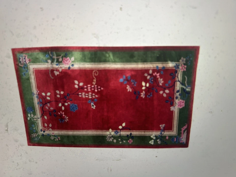 ALFOMBRA ANTIGUA CHINA ART DECO AÑOS 30 LANA ROJO/VERDE BORDE 48 pulgadas X 80 pulgadas Foto 2 de 4