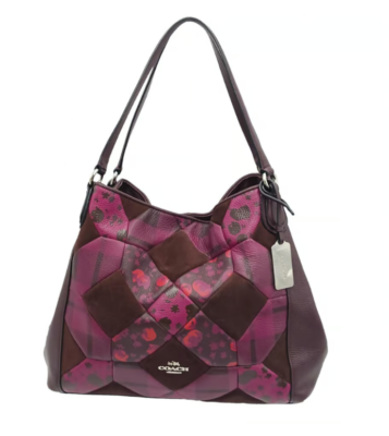 Coach Oxblood Patchwork Floral Print Edie Turn Lock Leather