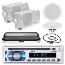 Pyle 6.5" Boat Speakers, Bluetooth USB Radio, Cover, Antenna, 3.5" Box Speakers