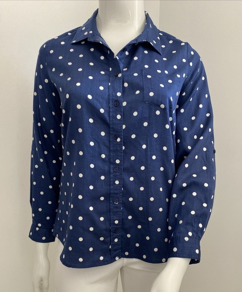 12-14 L - XL Navy Blue / White Spot Pure Cotton Poplin Collared Button Up Shirt
