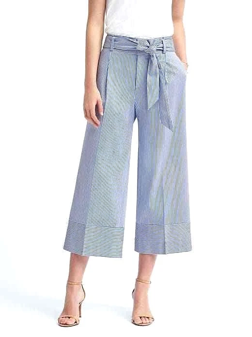 Banana Republic Cropped Wide Leg Pants Womens 0 Belted Blue/White Striped -  NEW