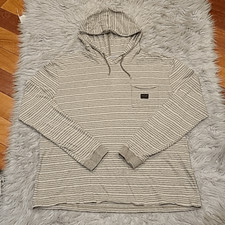 Quicksilver mens tan and white stripped botton hooded long sleeve shirt