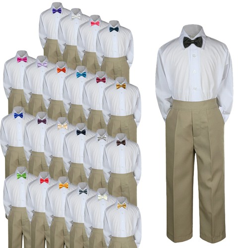 3pc Set Baby Boy Toddler Wedding Formal Bow Tie Shirt KHAKI Pants Suits S-7