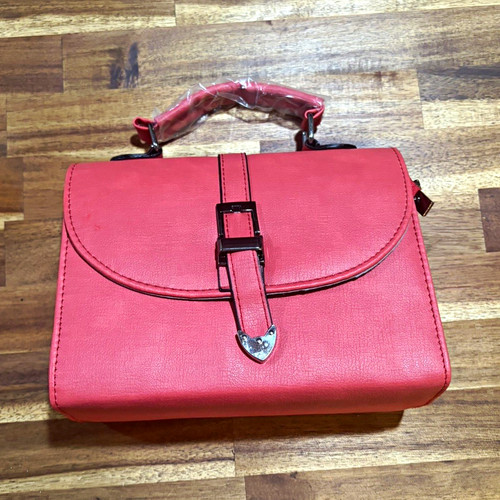 Women’s Red Solid Medium Satchel Top Handle Bag, Buckle Closure, Gold Hardware