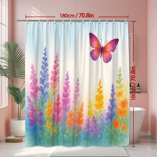 Watercolor Floral Shower Curtain with Butterfly - Colorful Design