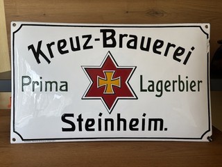 Emailschild Emailleschild Kreuz Brauerei Steinheim um 1910 Zuckergussartig Top