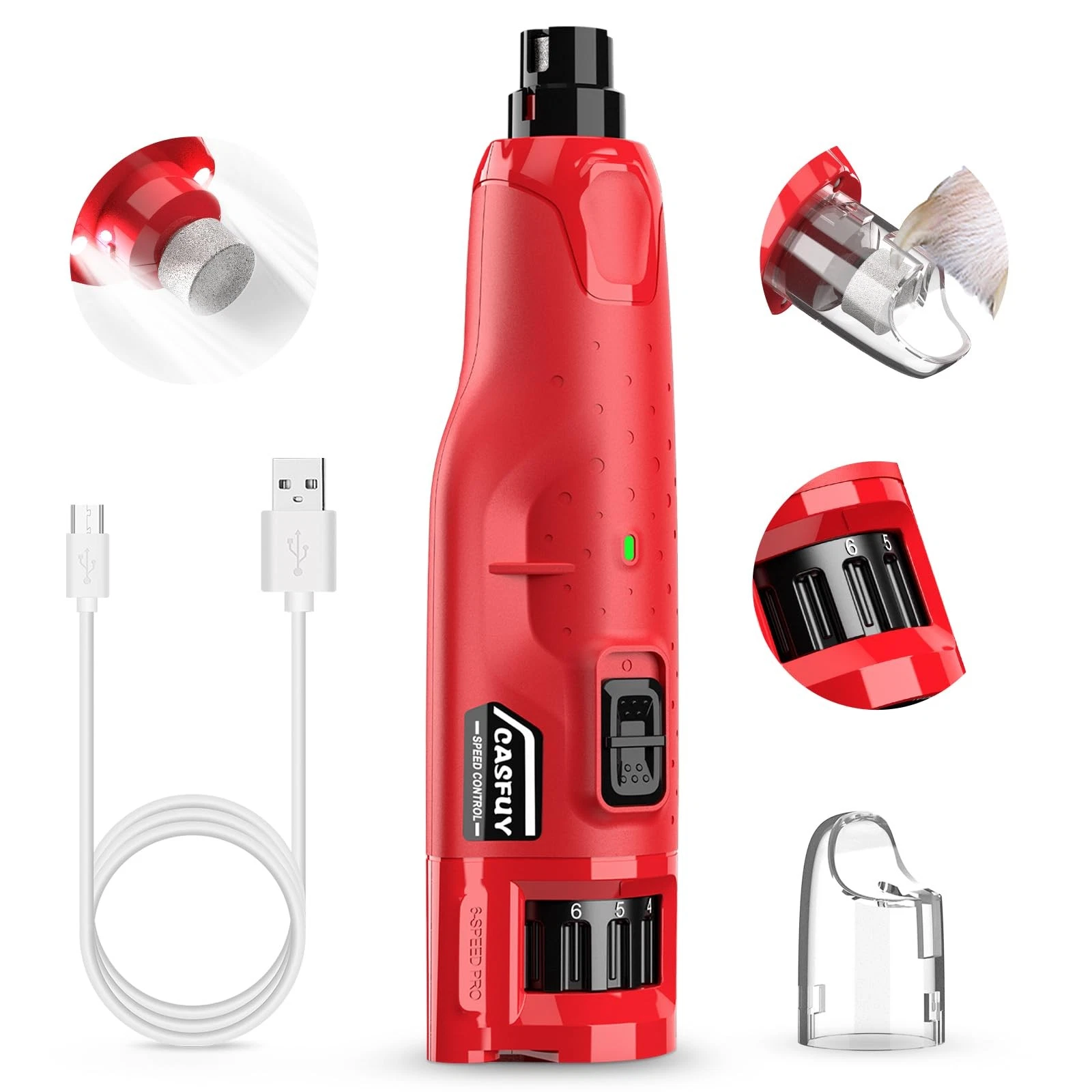 Casfuy Dog Nail Grinder Quiet - (45db) 6-Speed Pet with 2 Red