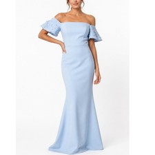 NWT Eliza J Blue Pearl Puff Sleeve Off Shoulder Scuba Gown Formal Dress Size 4